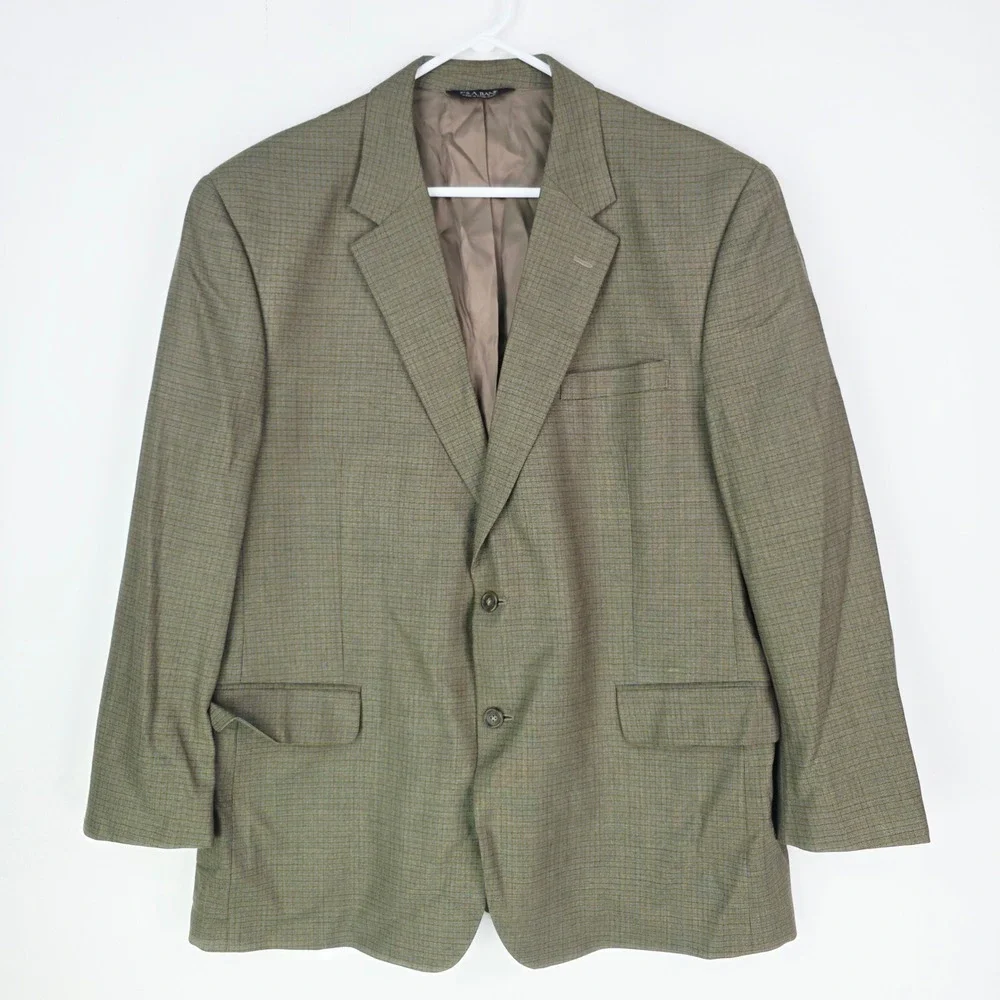 Jos. A. Bank Mens 48R Sport Coat Blazer Olive Green/Blue Micro Check 100% Wool
